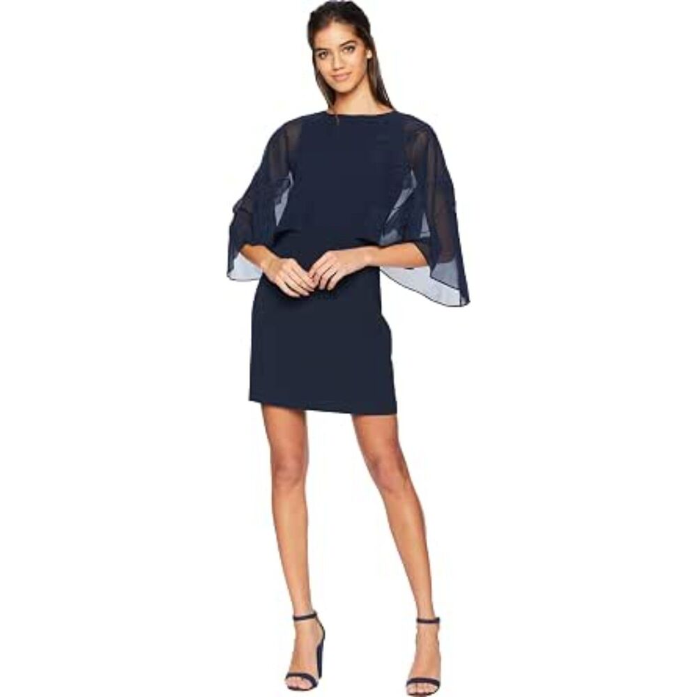 Halston Heritage Navy Cape Dress Size 6 Floral Embroidered Sheer Overlay